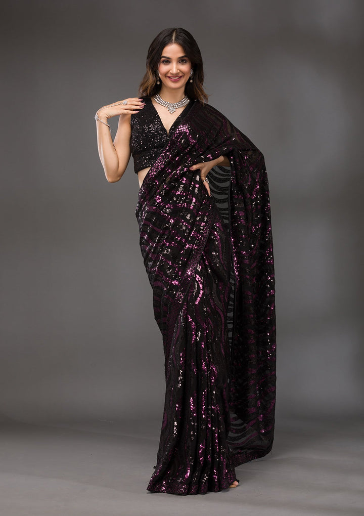 Black Sequins Georgette Saree-Koskii