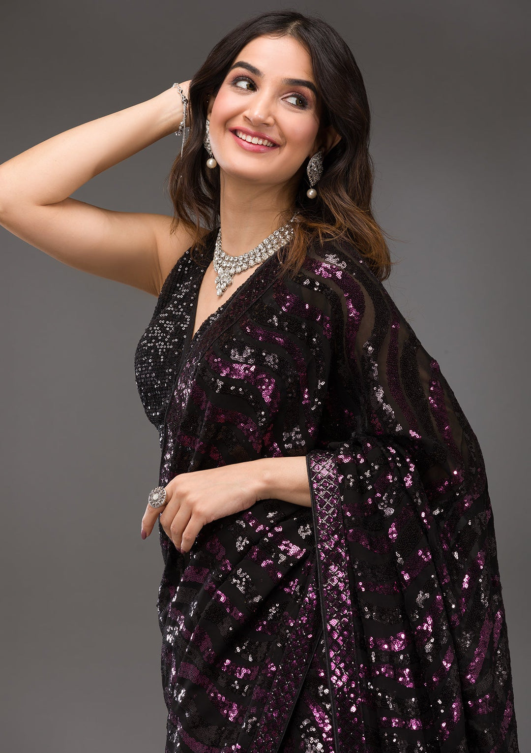 Black Sequins Georgette Saree-Koskii