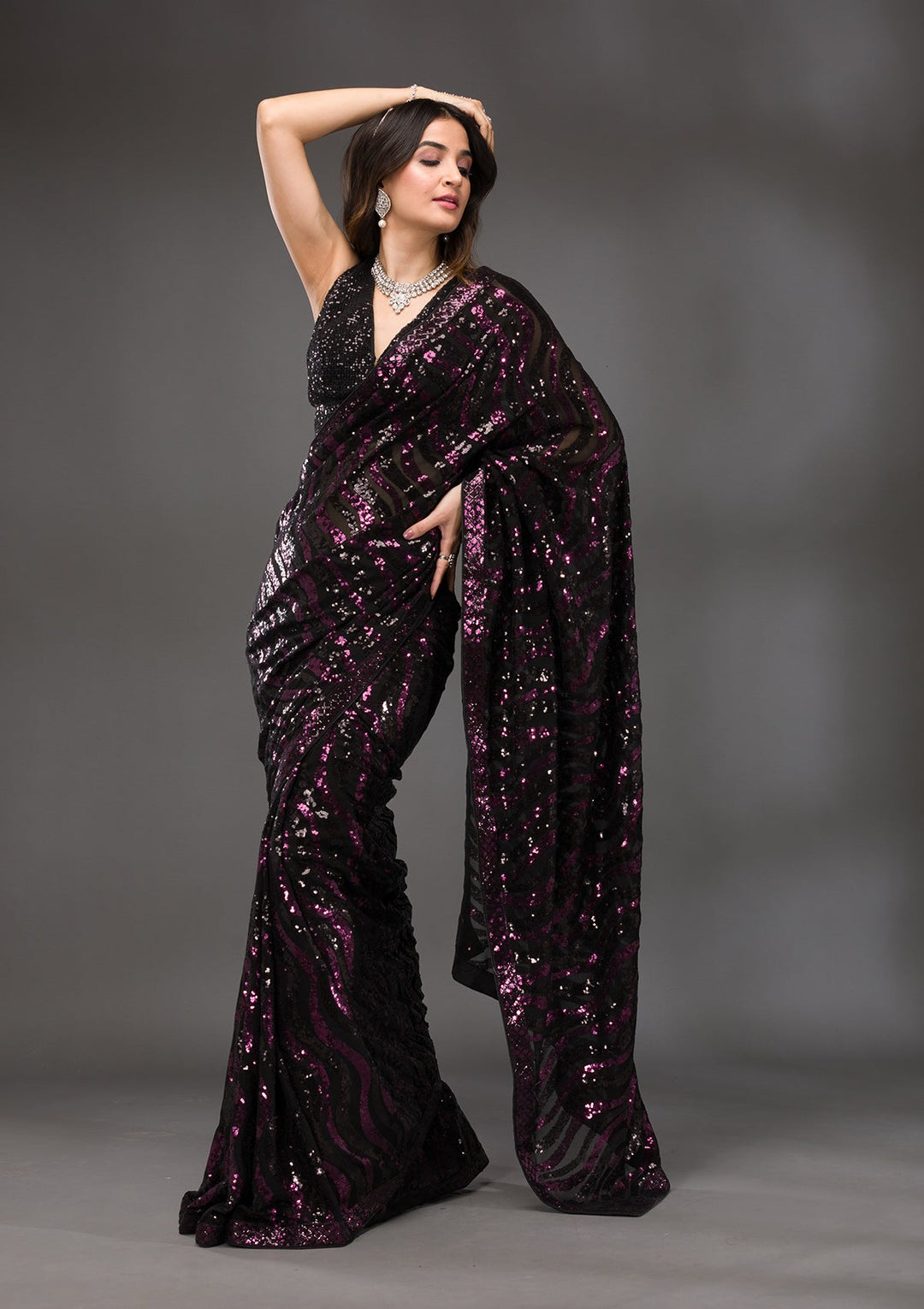 Black Sequins Georgette Saree-Koskii