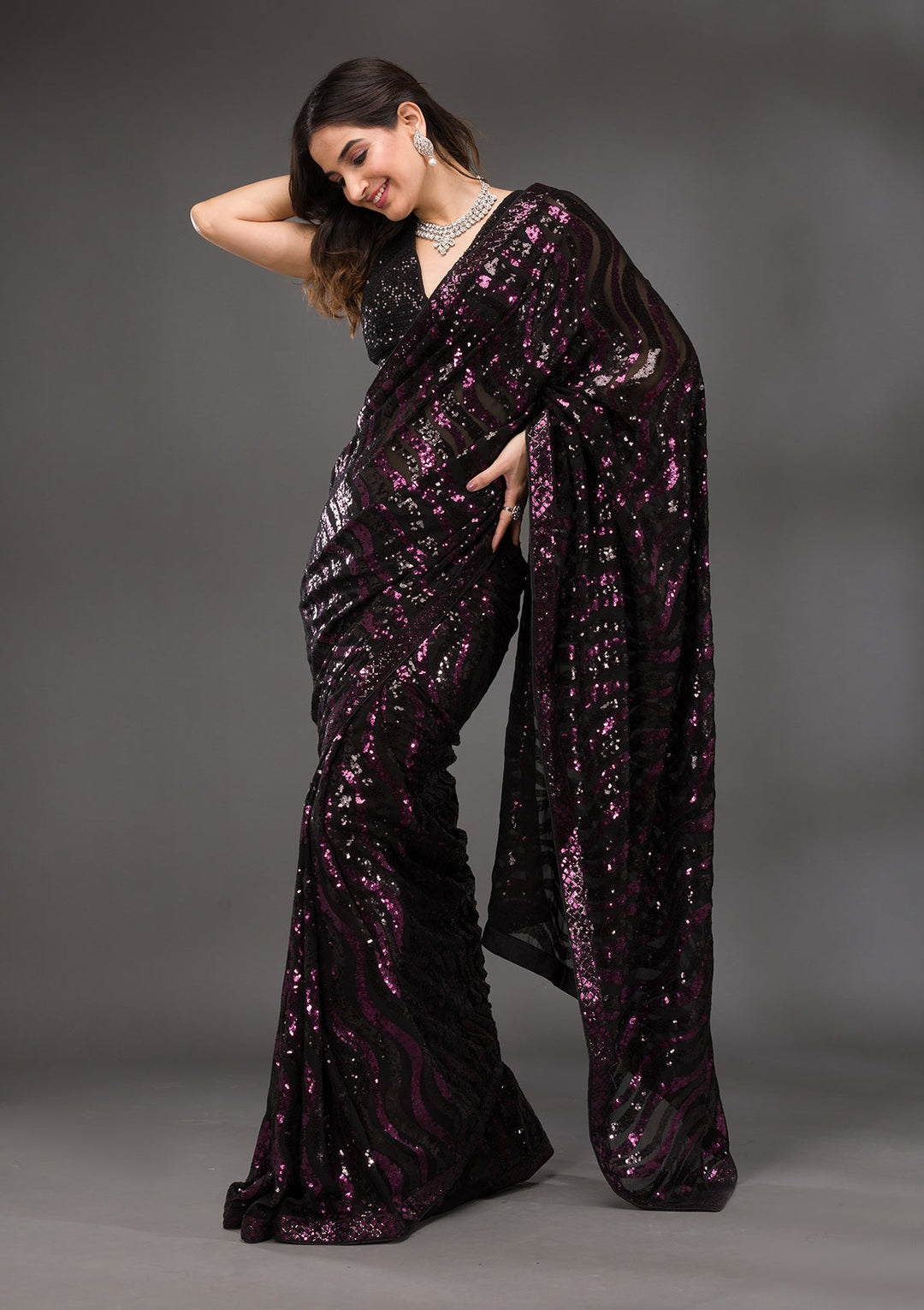 Black Sequins Georgette Saree-Koskii