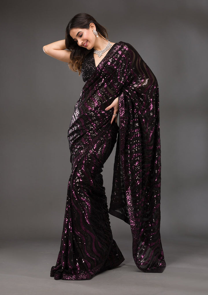 Black Sequins Georgette Saree-Koskii