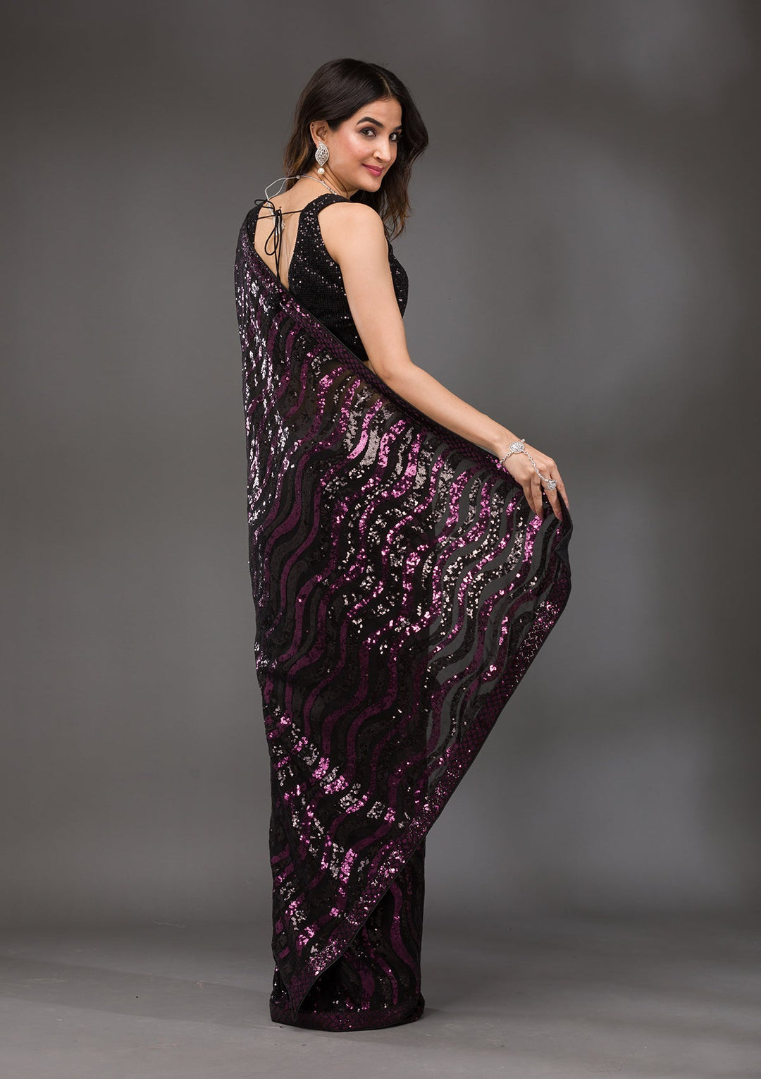 Black Sequins Georgette Saree-Koskii