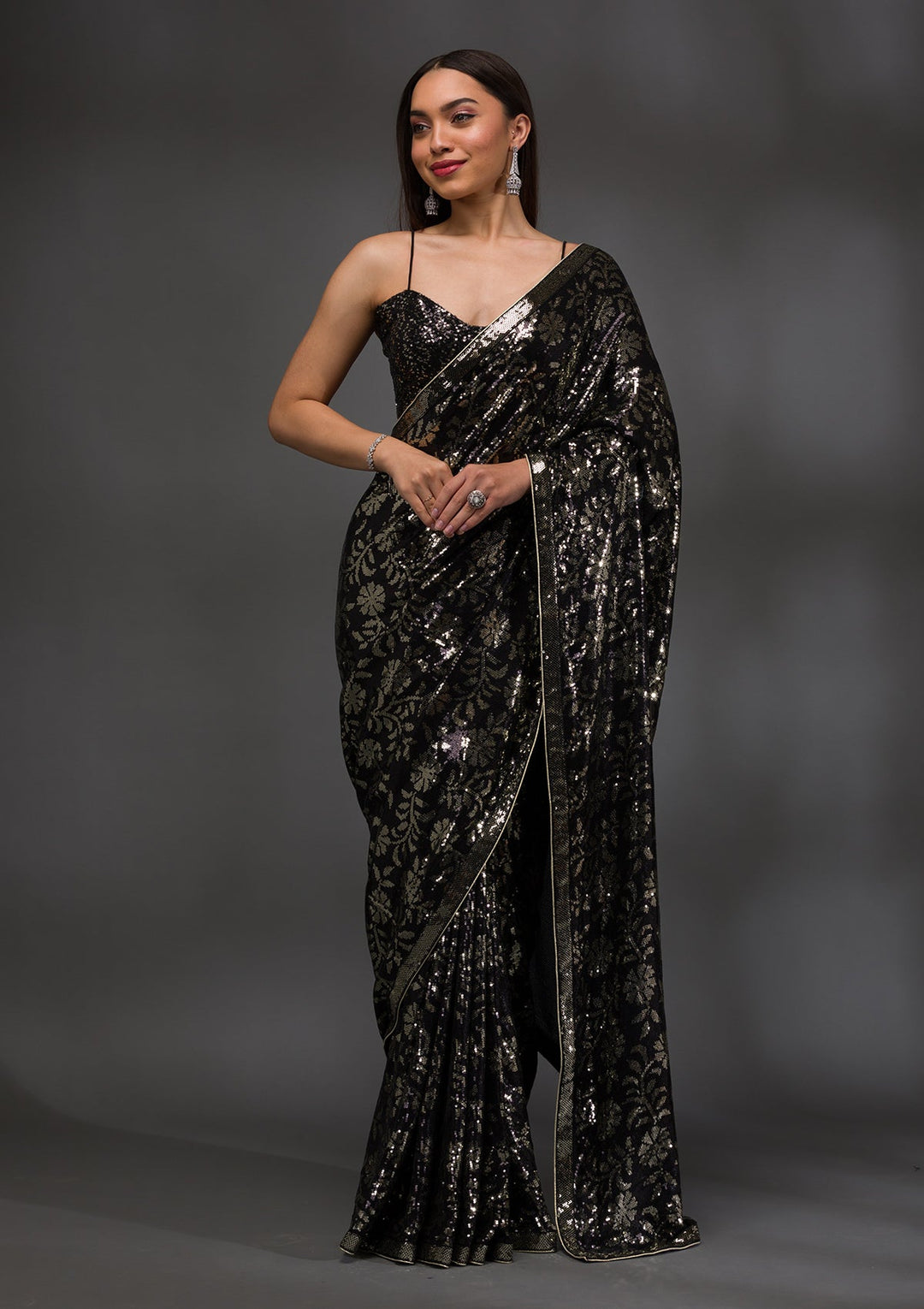 Black Sequins Georgette Saree-Koskii