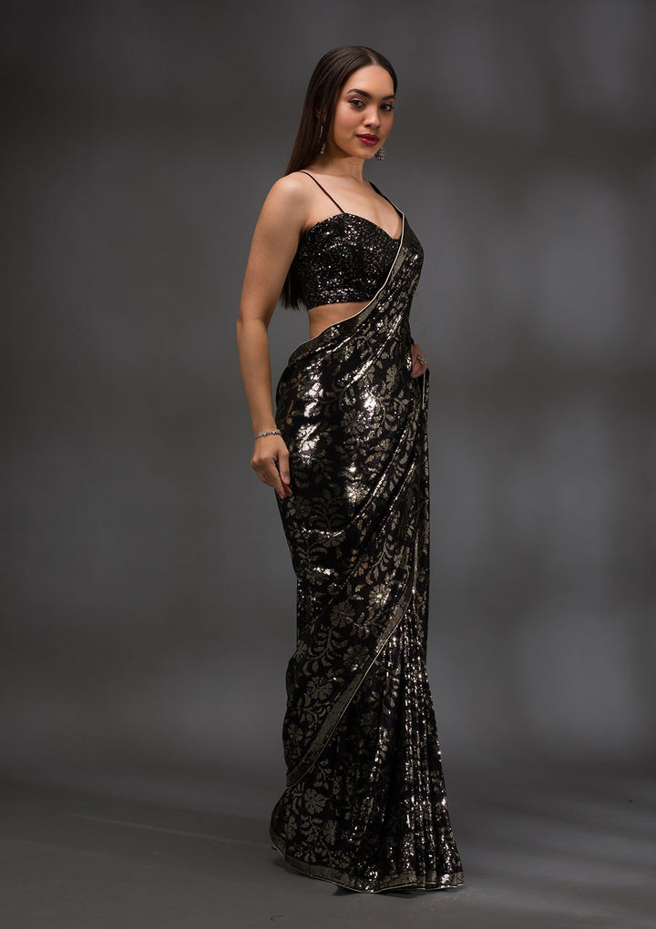 Black Sequins Georgette Saree-Koskii