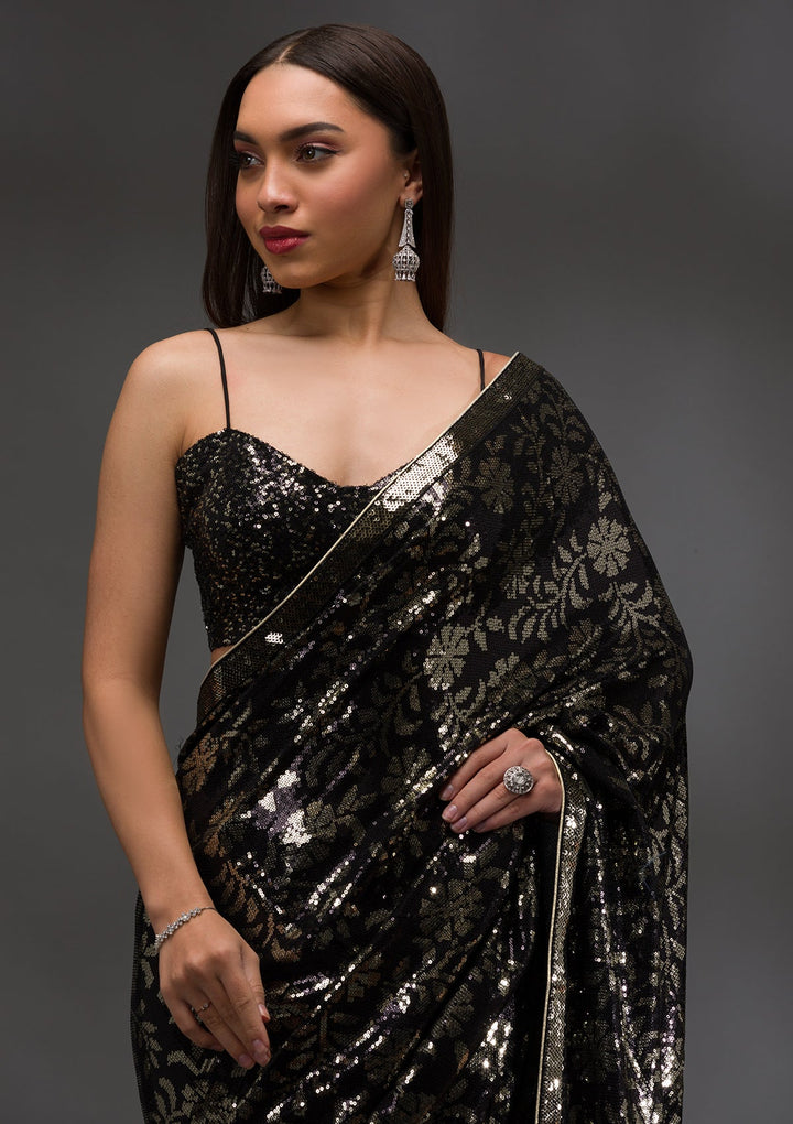 Black Sequins Georgette Saree-Koskii