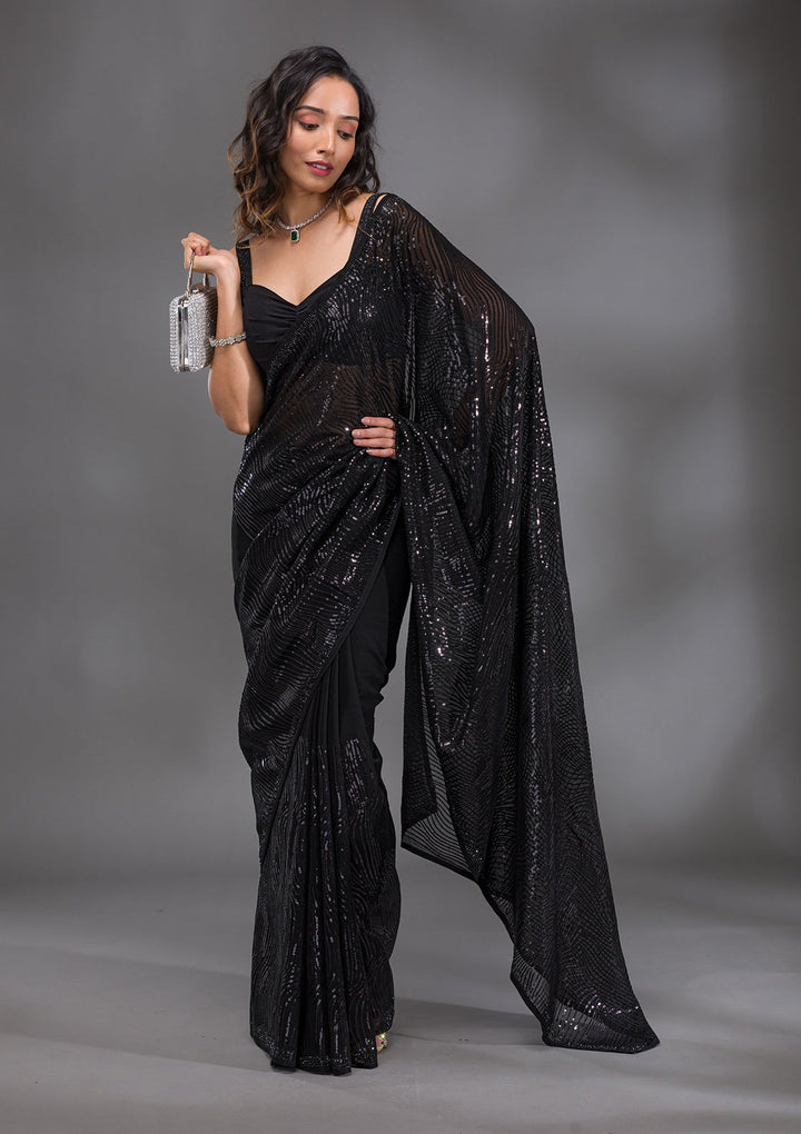 Black Sequins Georgette Saree-Koskii