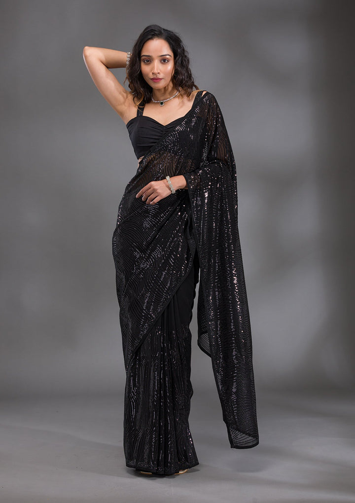 Black Sequins Georgette Saree-Koskii