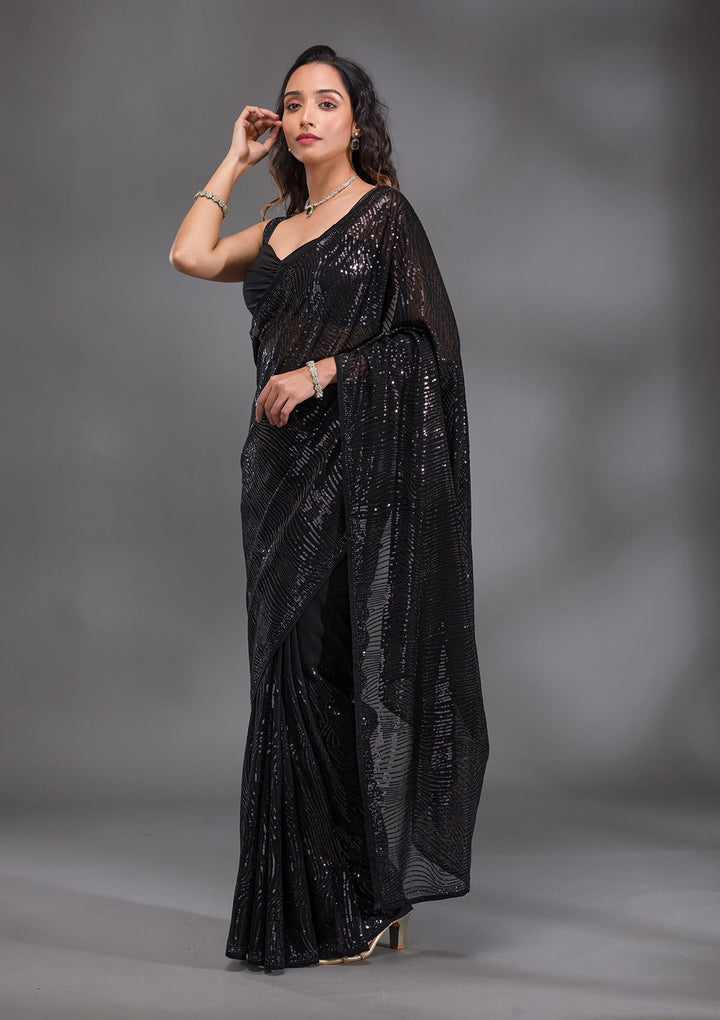 Black Sequins Georgette Saree-Koskii