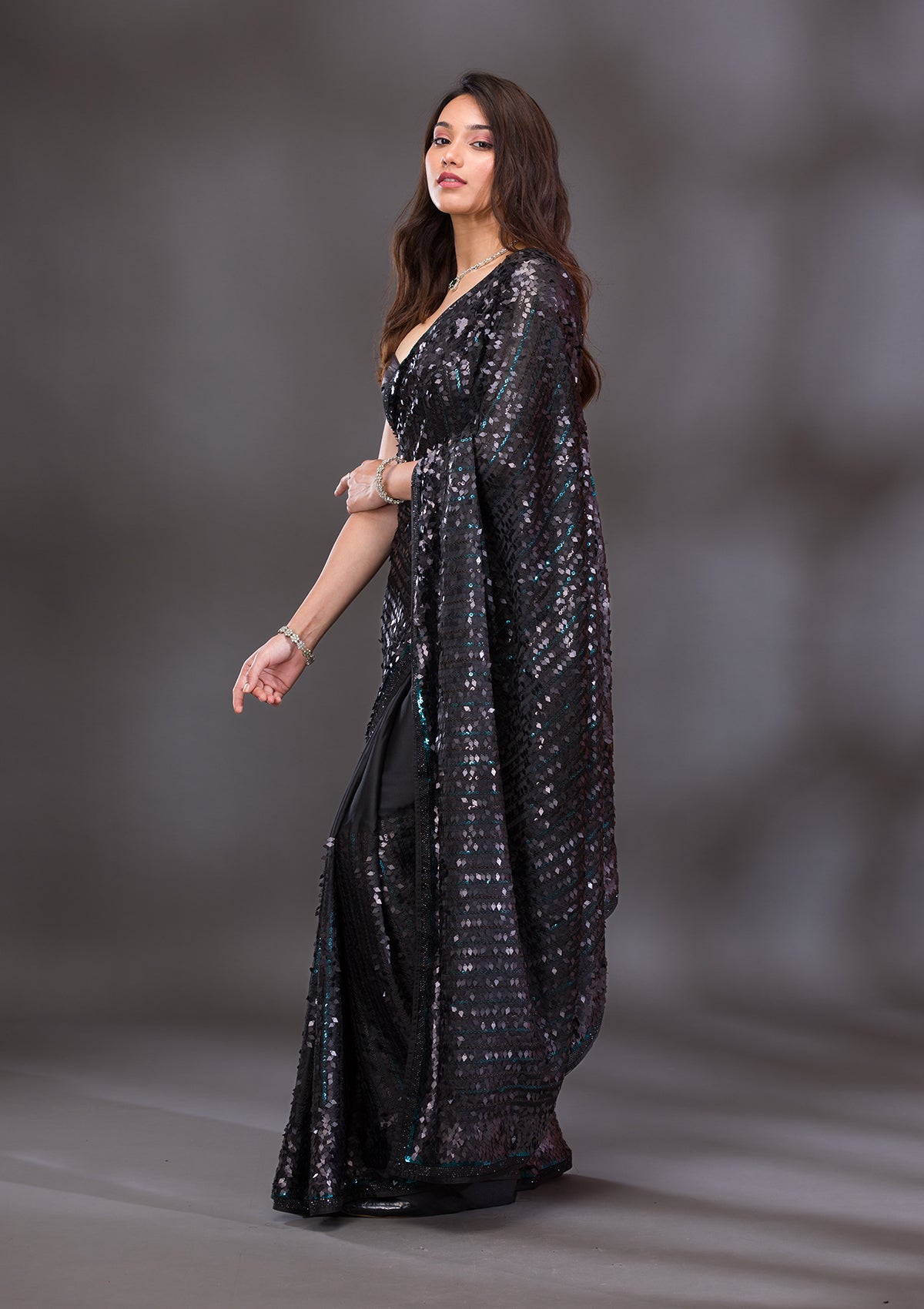 Black Sequins Georgette Saree-Koskii