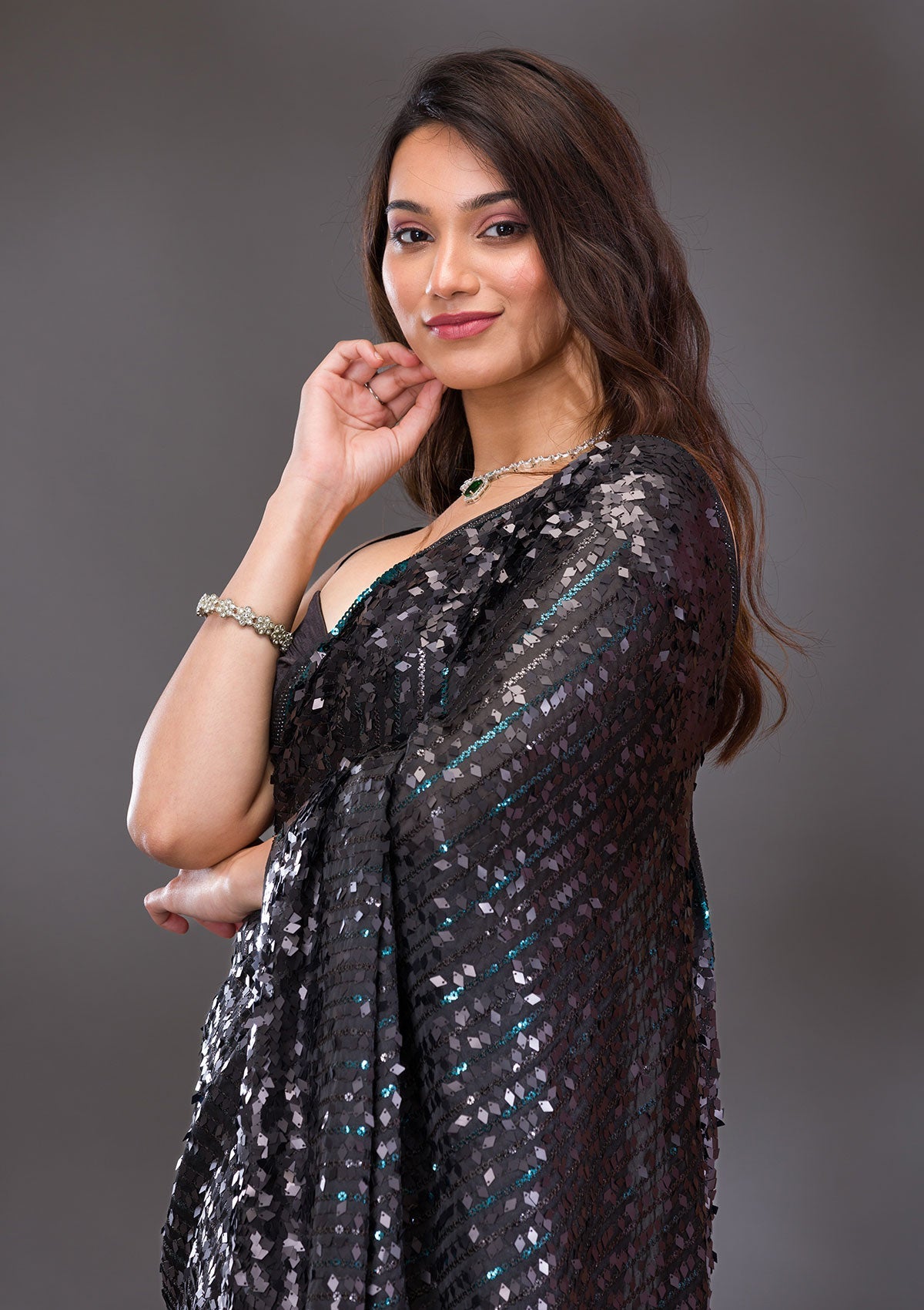 Black Sequins Georgette Saree-Koskii