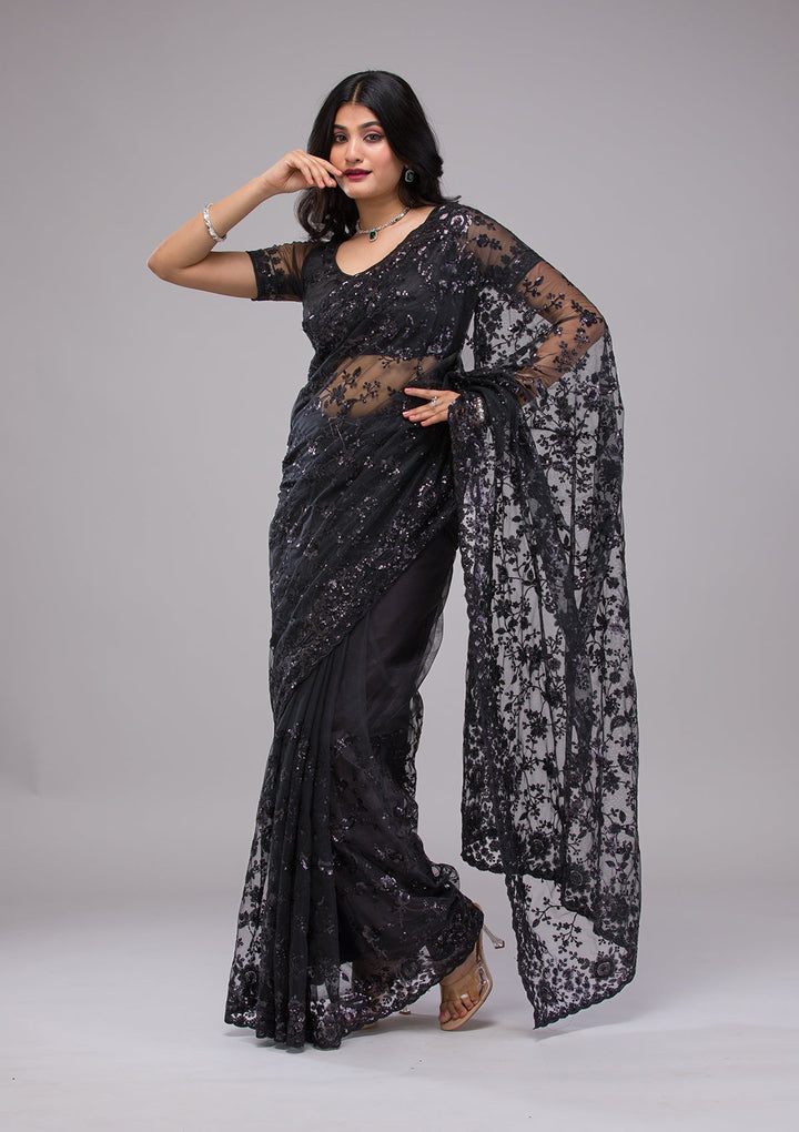 Black Sequins Net Saree-Koskii