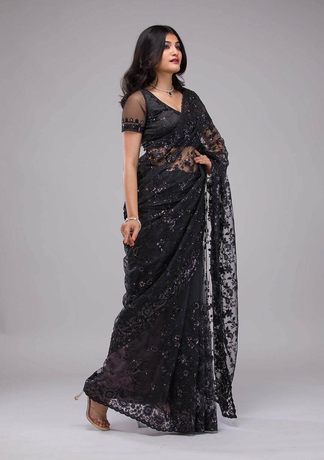 Black Sequins Net Saree-Koskii