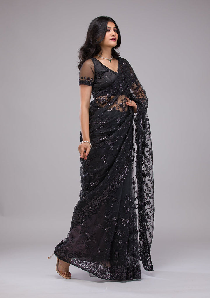 Black Sequins Net Saree-Koskii