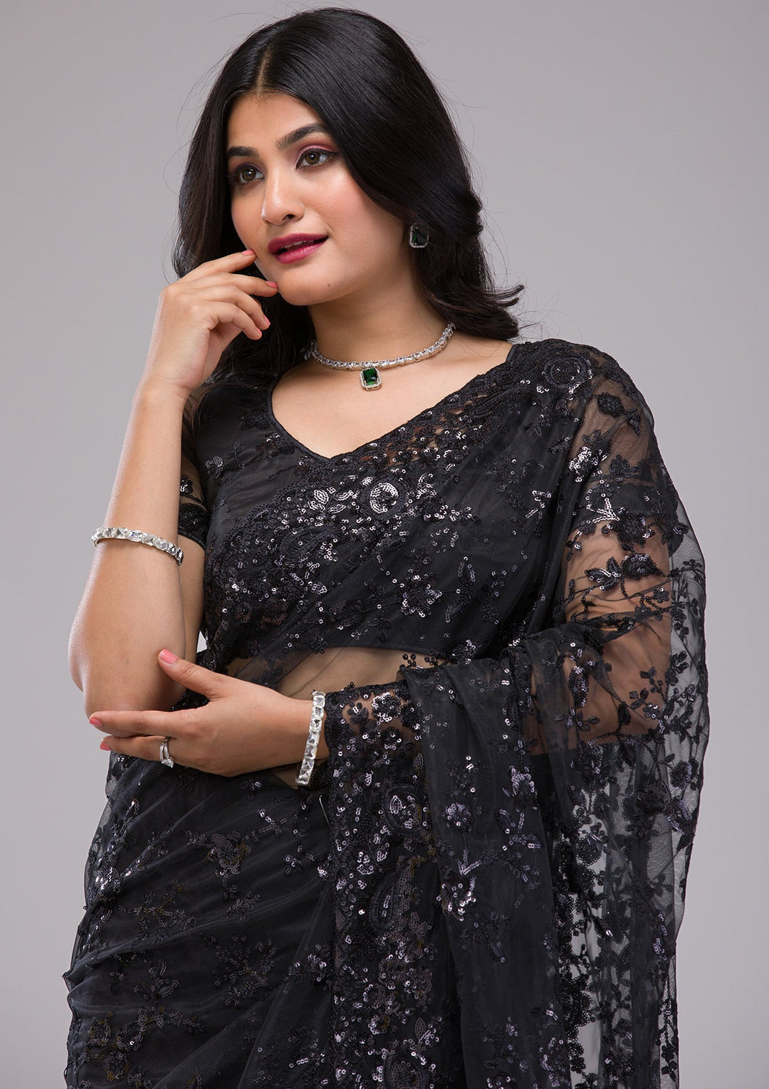 Black Sequins Net Saree-Koskii
