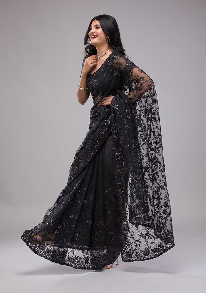 Black Sequins Net Saree-Koskii