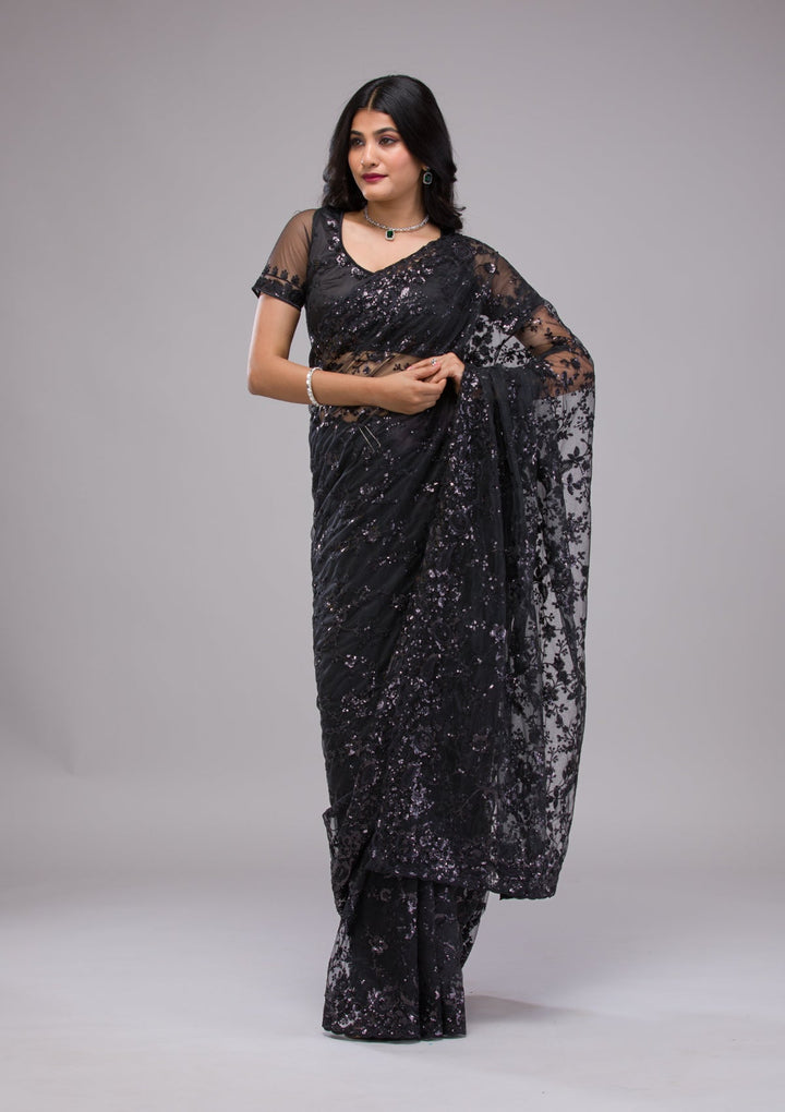 Black Sequins Net Saree-Koskii