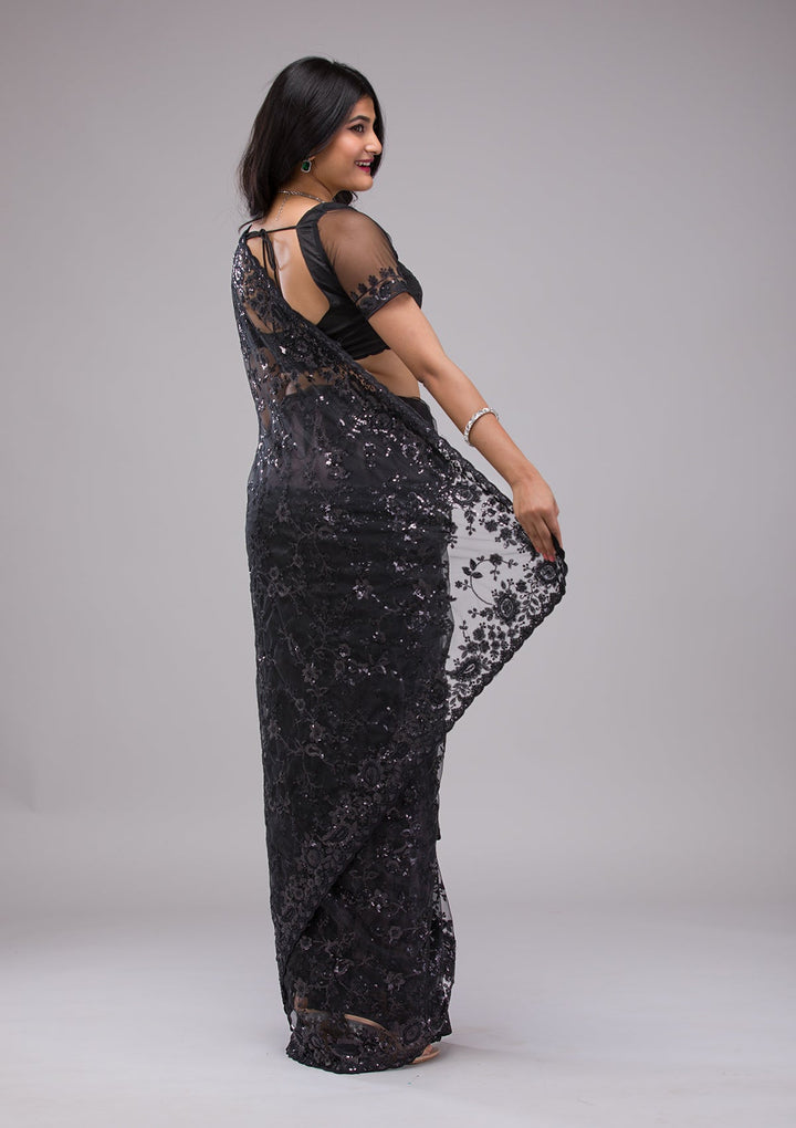 Black Sequins Net Saree-Koskii