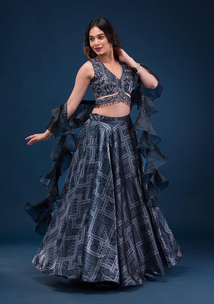 Black Sequins Semi Crepe Readymade Lehenga-Koskii