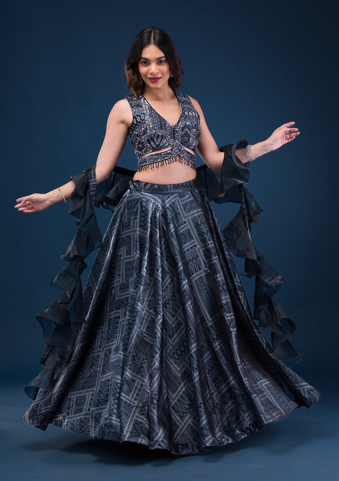 Black Sequins Semi Crepe Readymade Lehenga-Koskii