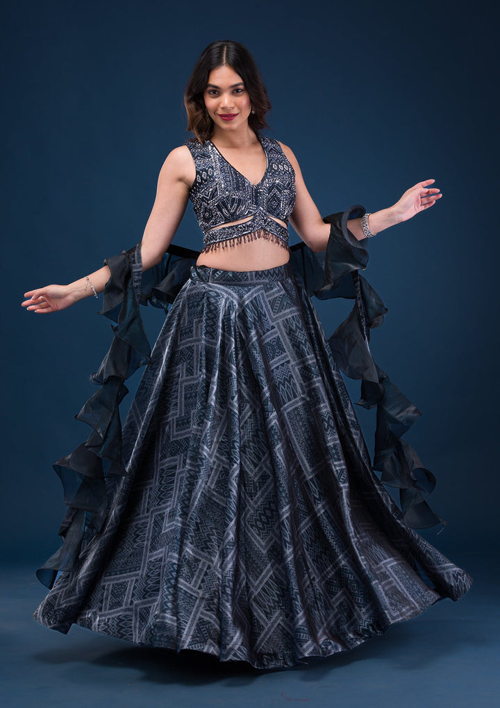 Black Sequins Semi Crepe Readymade Lehenga-Koskii