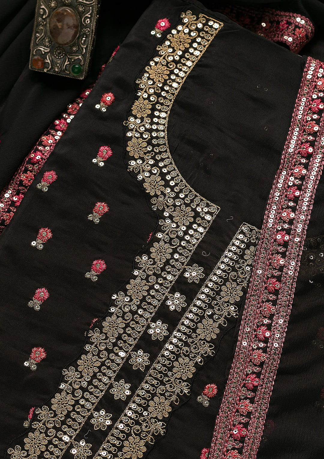 Black Sequins Semi Crepe Unstitched Salwar Suit-Koskii