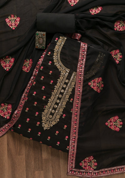 Black Sequins Semi Crepe Unstitched Salwar Suit-Koskii