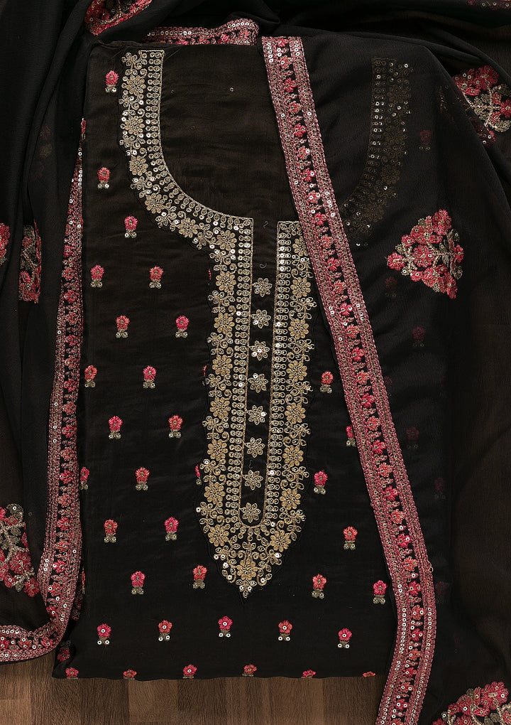 Black Sequins Semi Crepe Unstitched Salwar Suit-Koskii