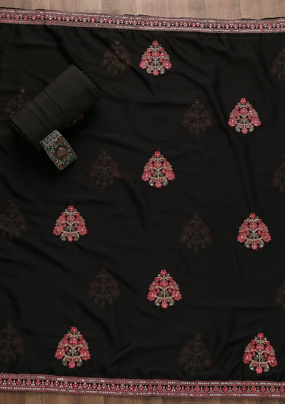 Black Sequins Semi Crepe Unstitched Salwar Suit-Koskii