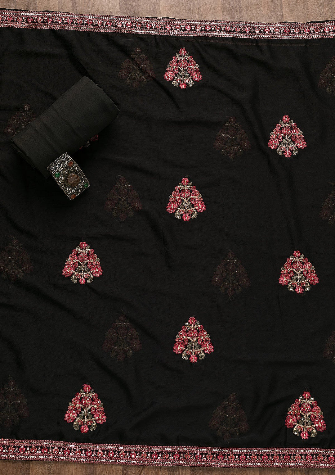Black Sequins Semi Crepe Unstitched Salwar Suit-Koskii