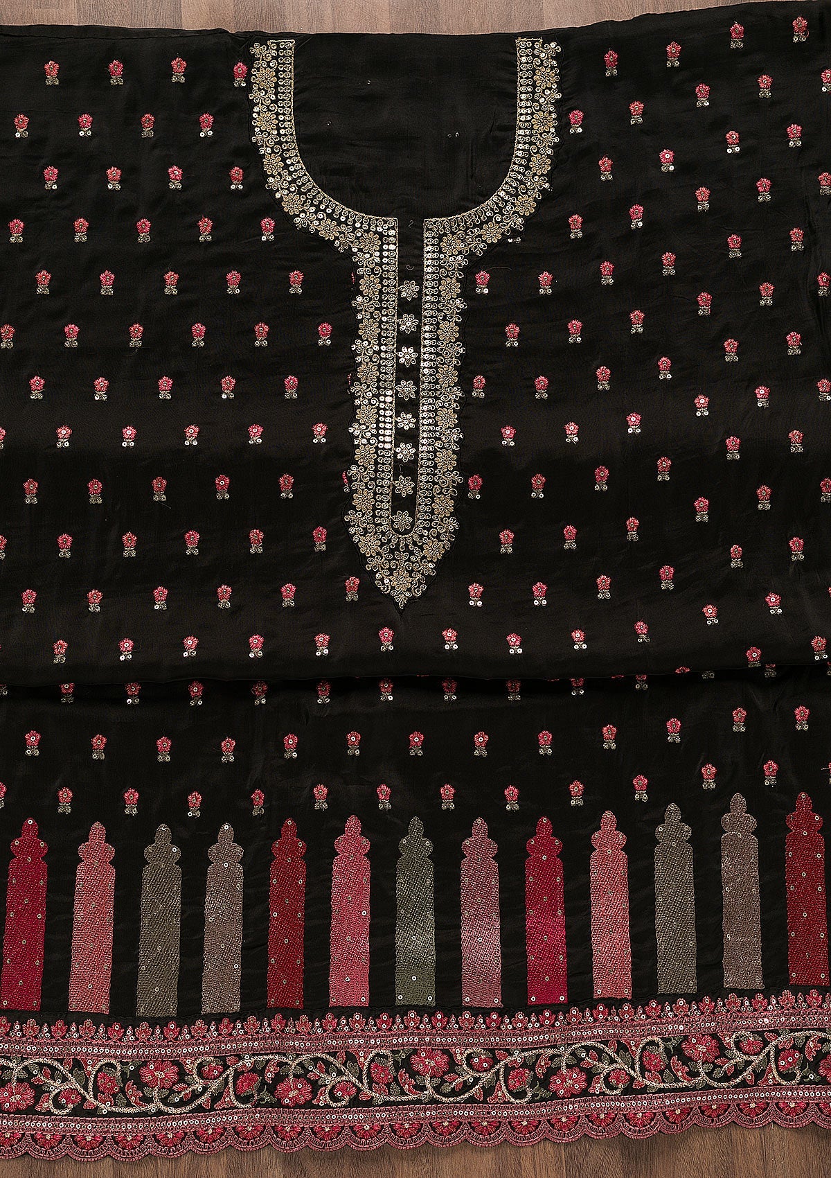 Black Sequins Semi Crepe Unstitched Salwar Suit-Koskii
