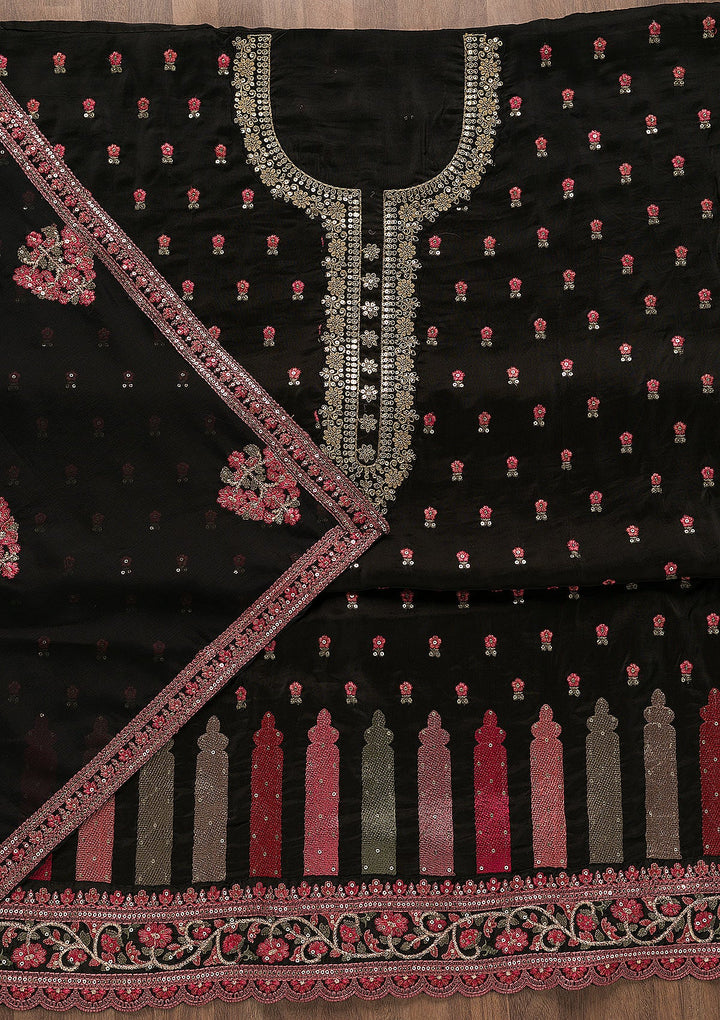 Black Sequins Semi Crepe Unstitched Salwar Suit-Koskii