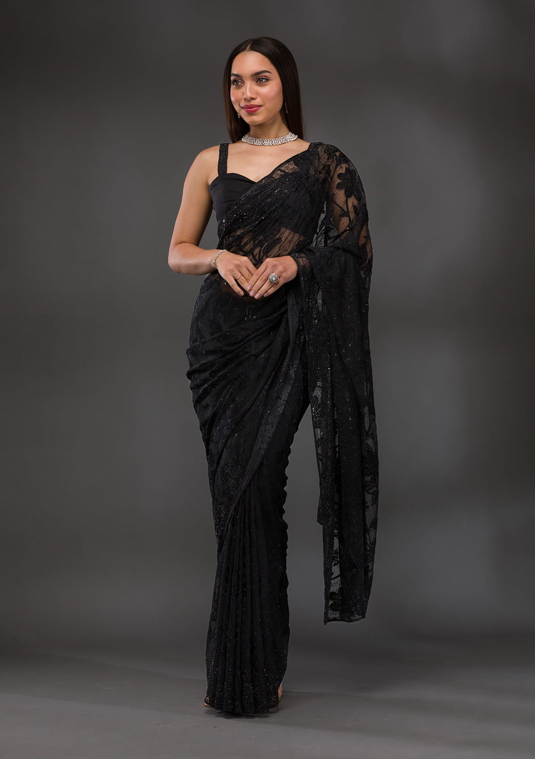 Black Stonework Georgette Saree-Koskii