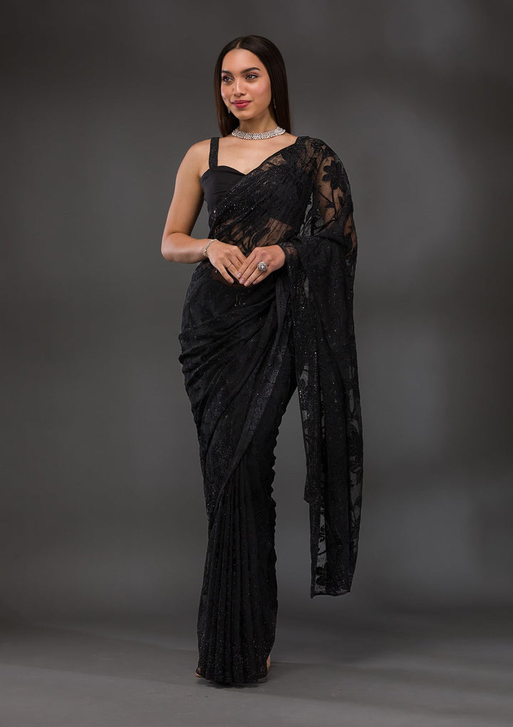 Black Stonework Georgette Saree-Koskii