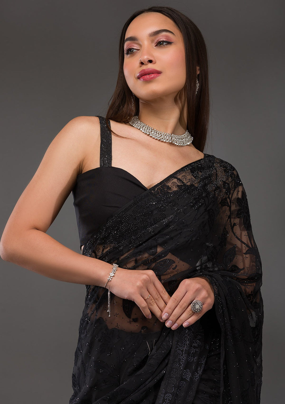 Black Stonework Georgette Saree-Koskii