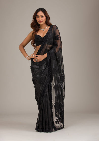 Black Stonework Organza Saree-Koskii