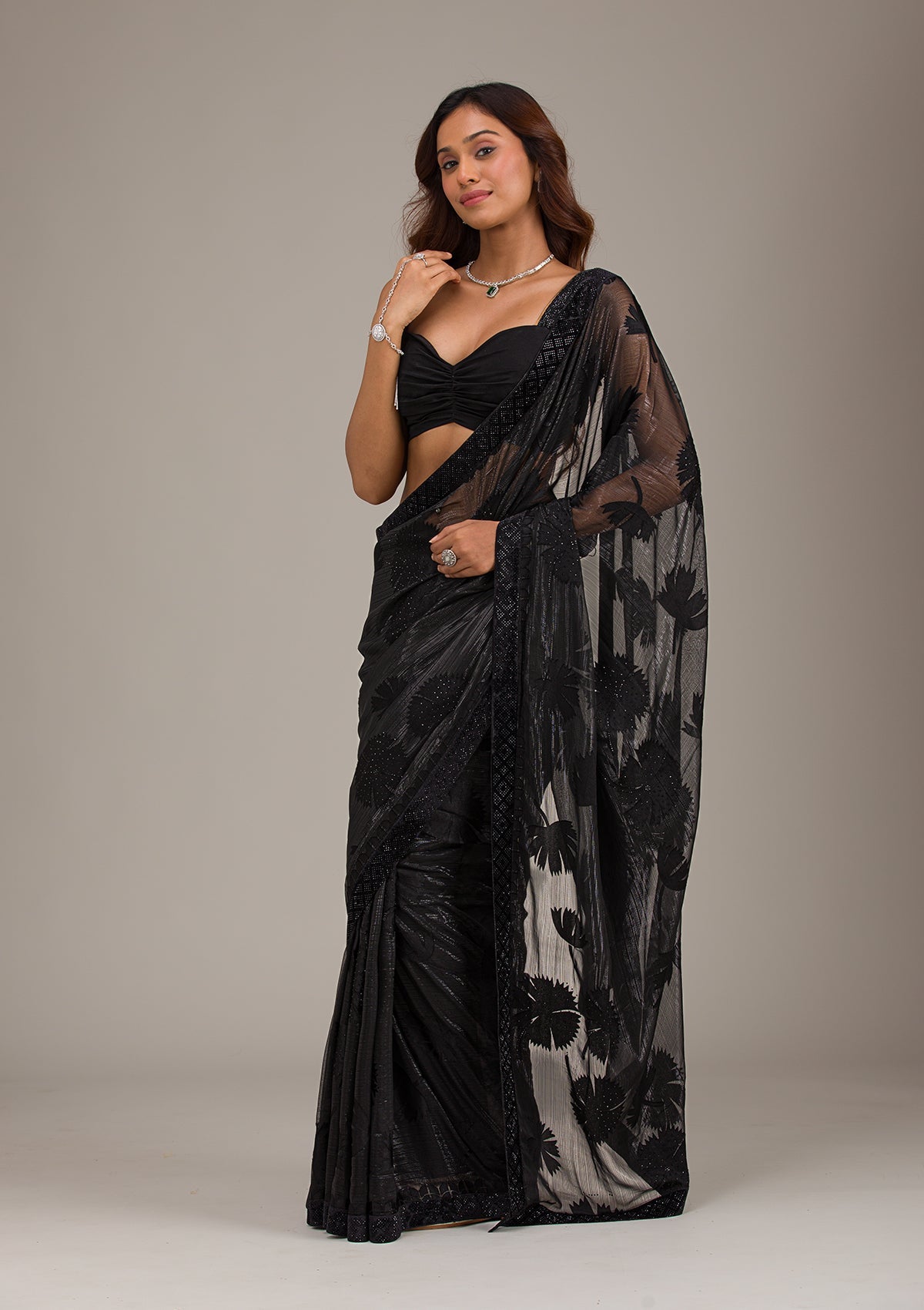 Black Stonework Organza Saree-Koskii