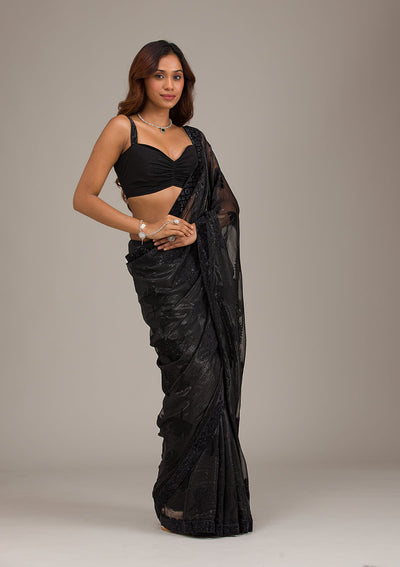 Black Stonework Organza Saree-Koskii