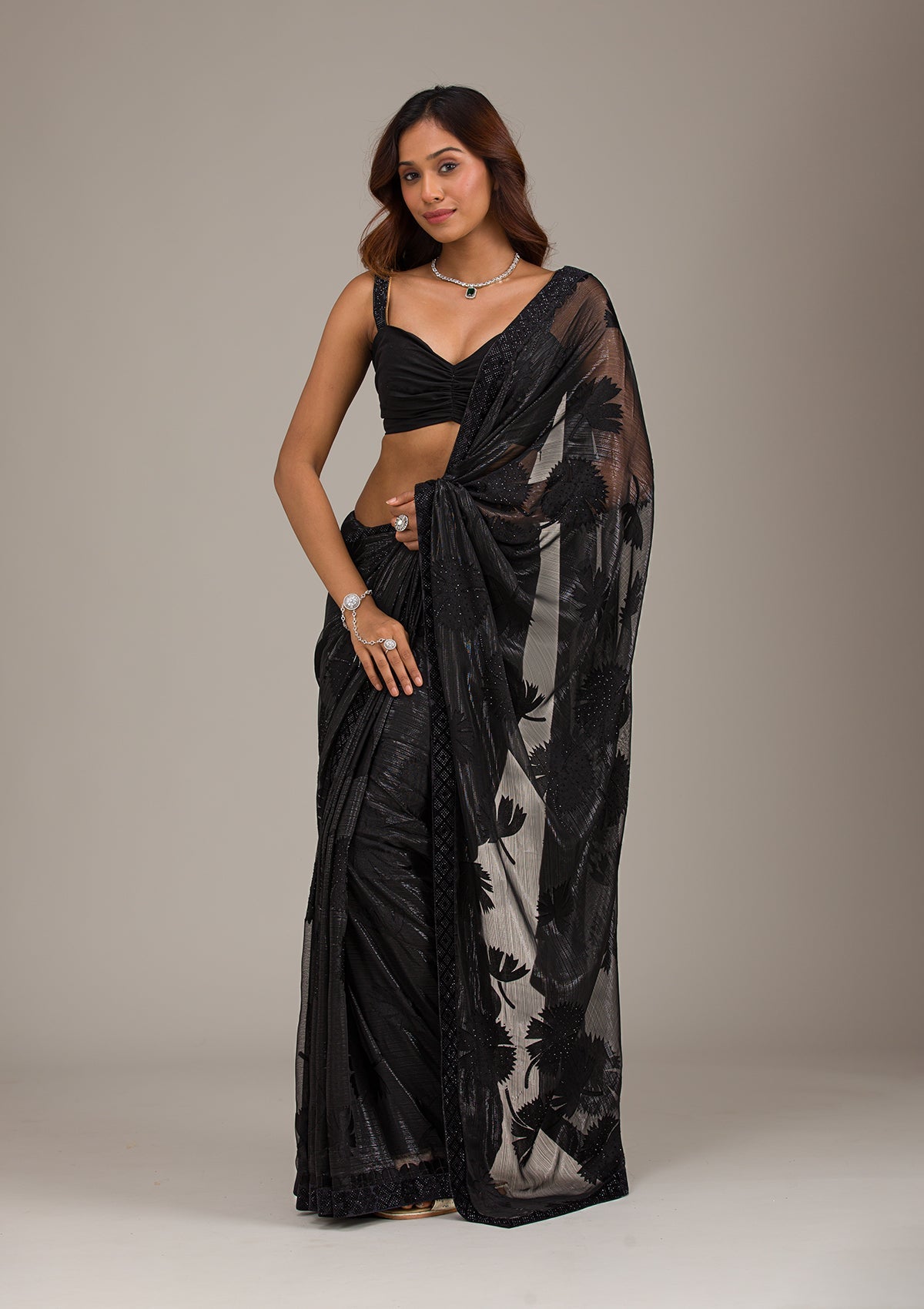 Black Stonework Organza Saree-Koskii