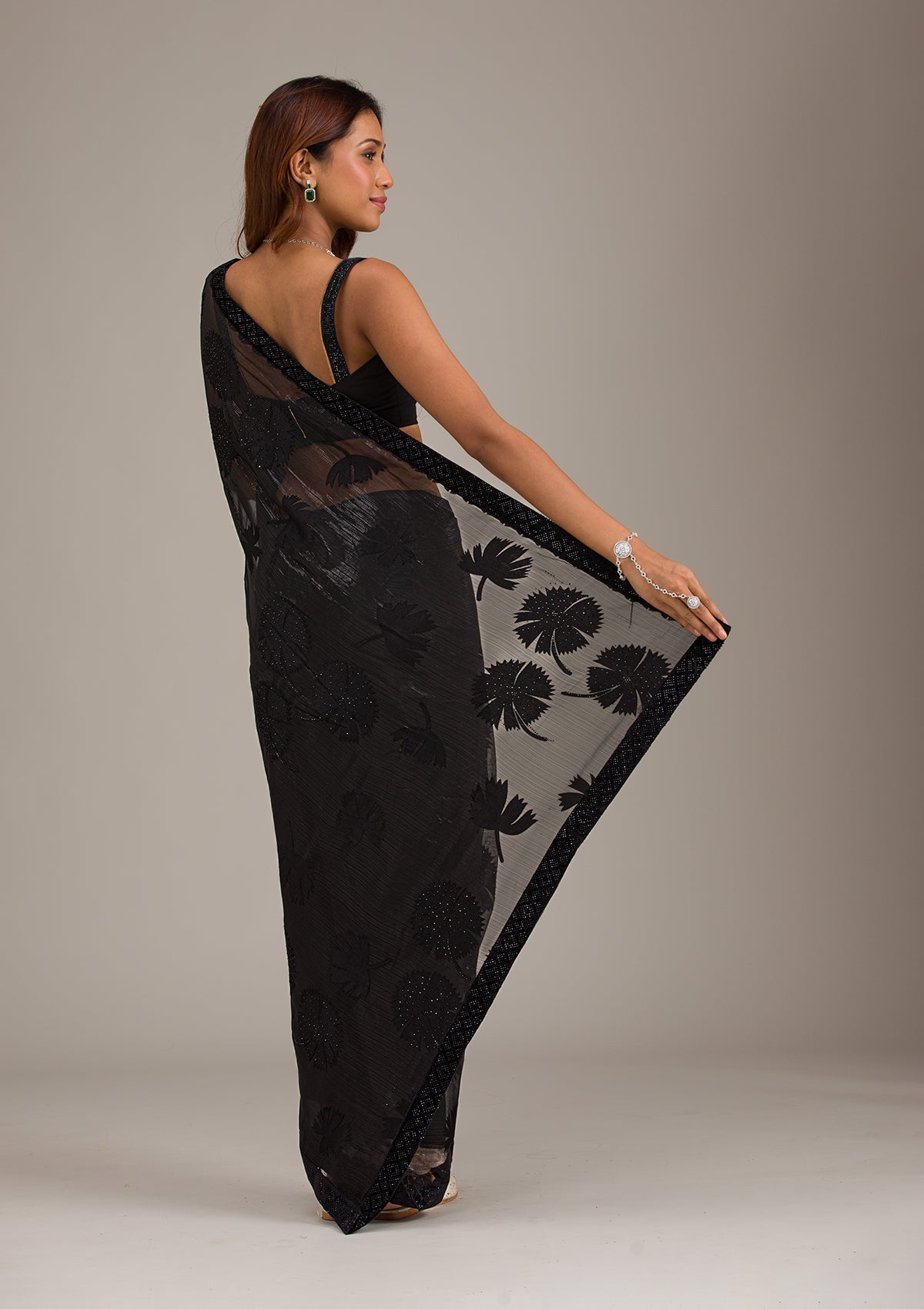 Black Stonework Organza Saree-Koskii