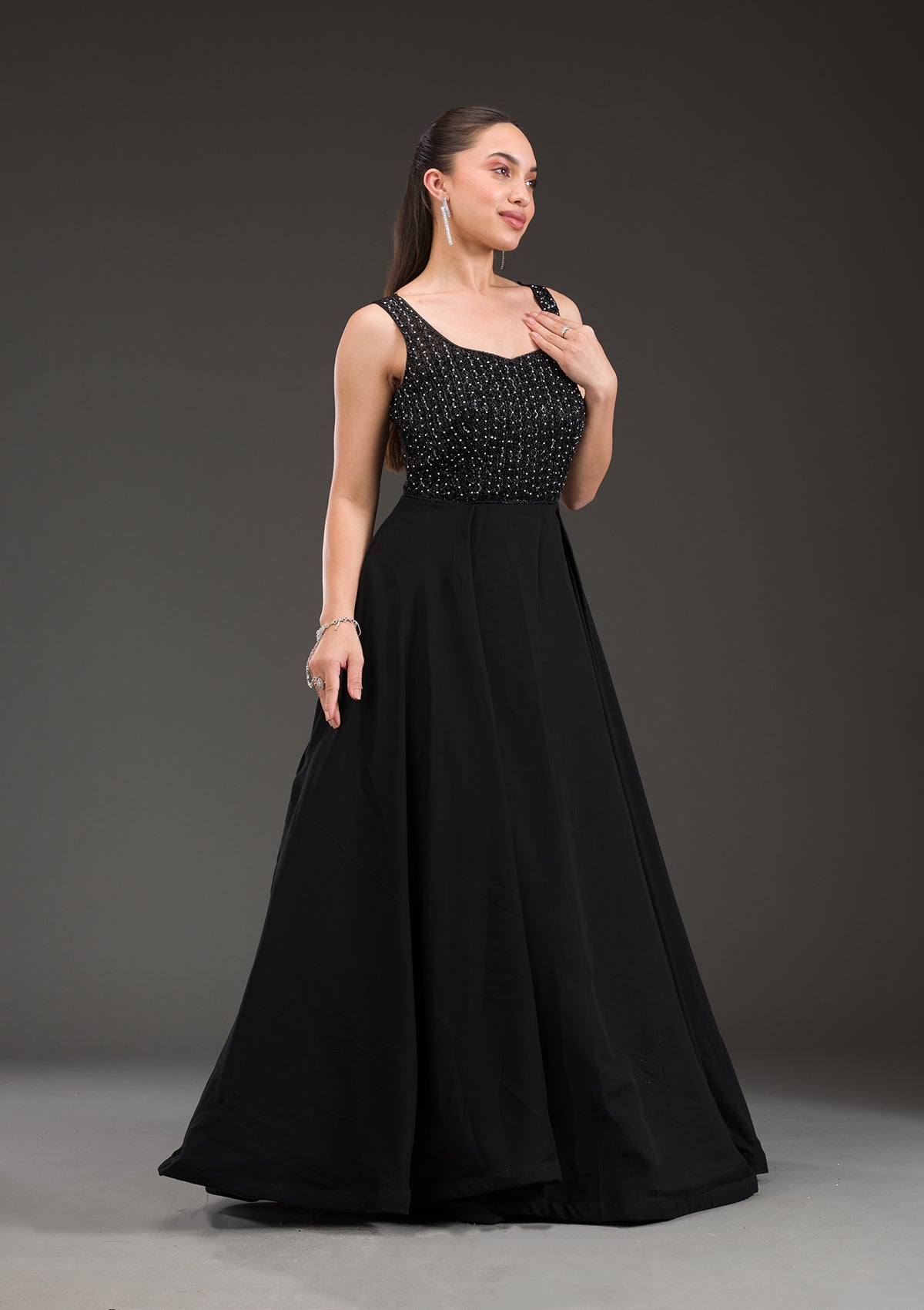 Black Stonework Net Gown-Koskii