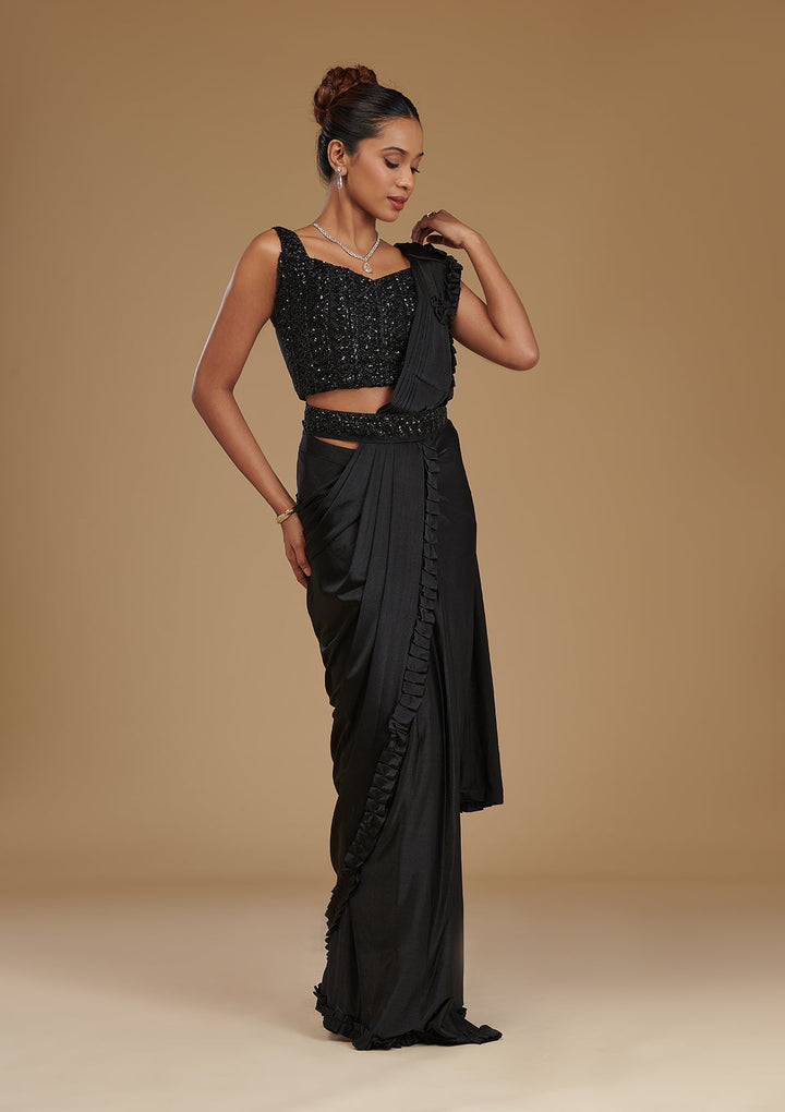 Black Stonework Satin Readymade Saree-Koskii