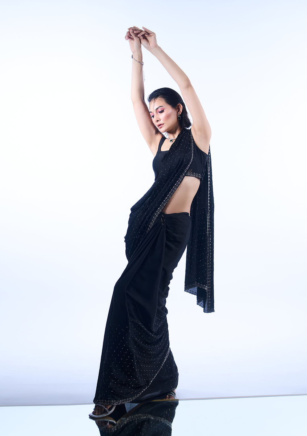 Black Stonework Satin Designer Saree