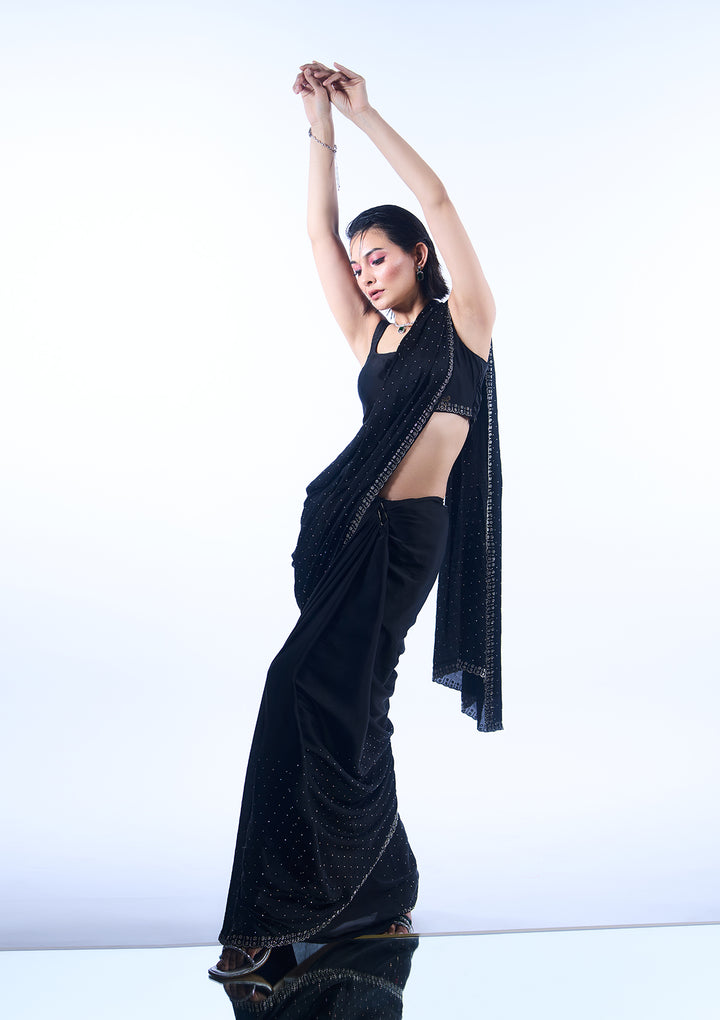 Black Stonework Satin Designer Saree