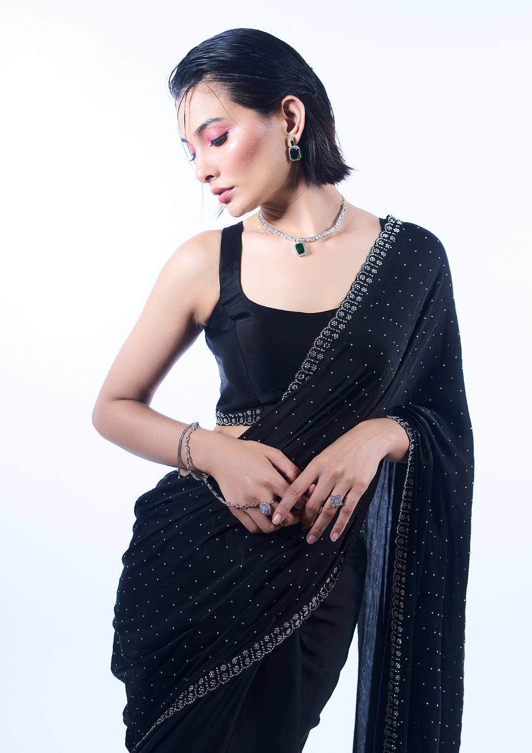 Buy Black Stonework Satin Saree Koskii