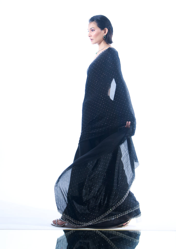 Black Stonework Satin Designer Saree
