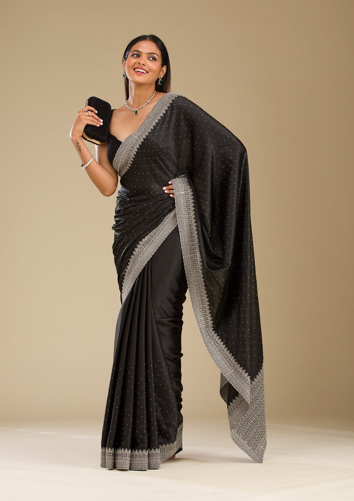 Black Stonework Satin Saree-Koskii