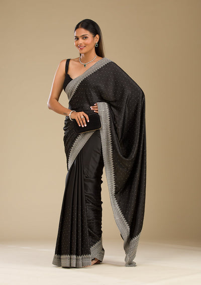 Black Stonework Satin Saree-Koskii