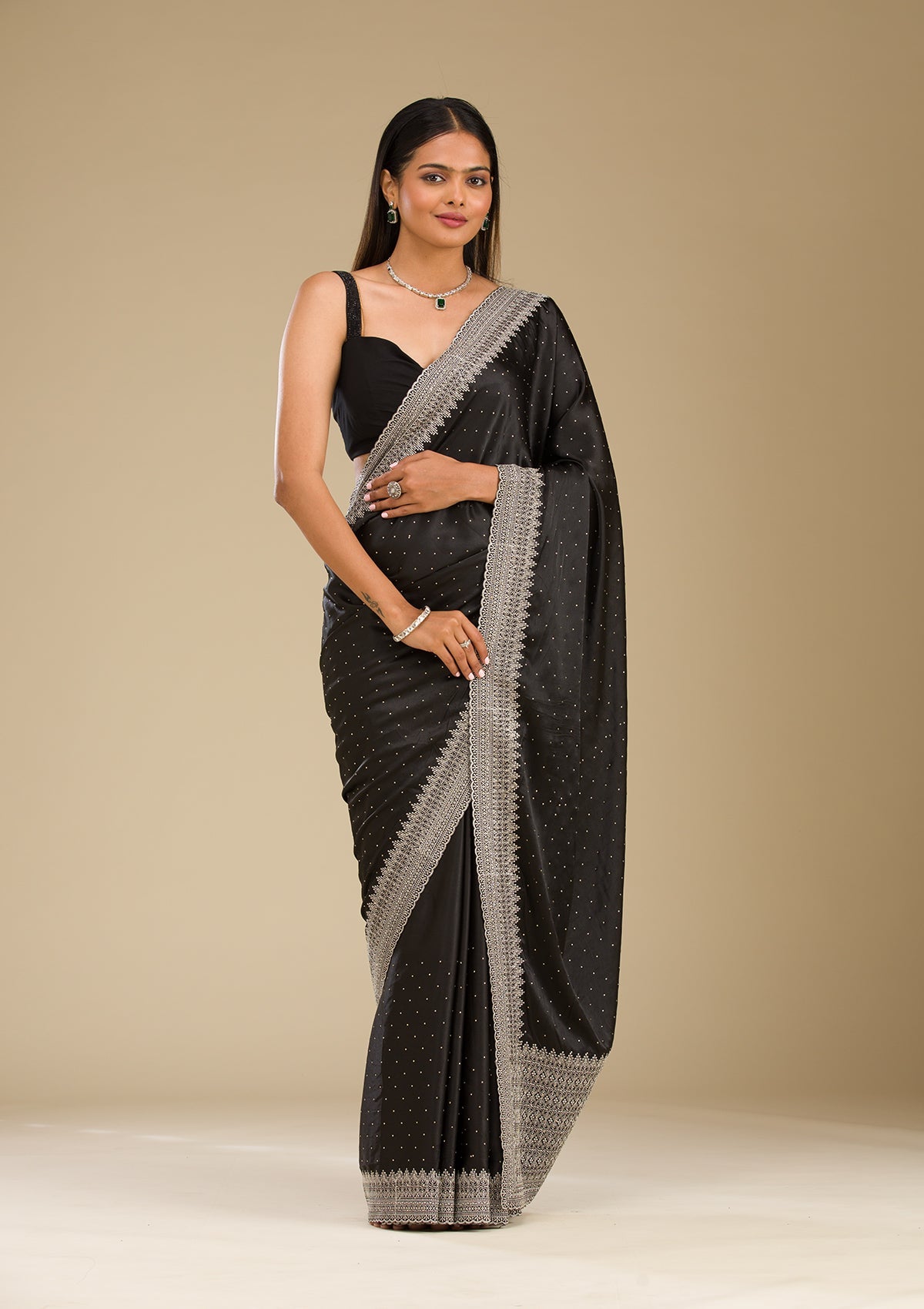 Black Stonework Satin Saree-Koskii