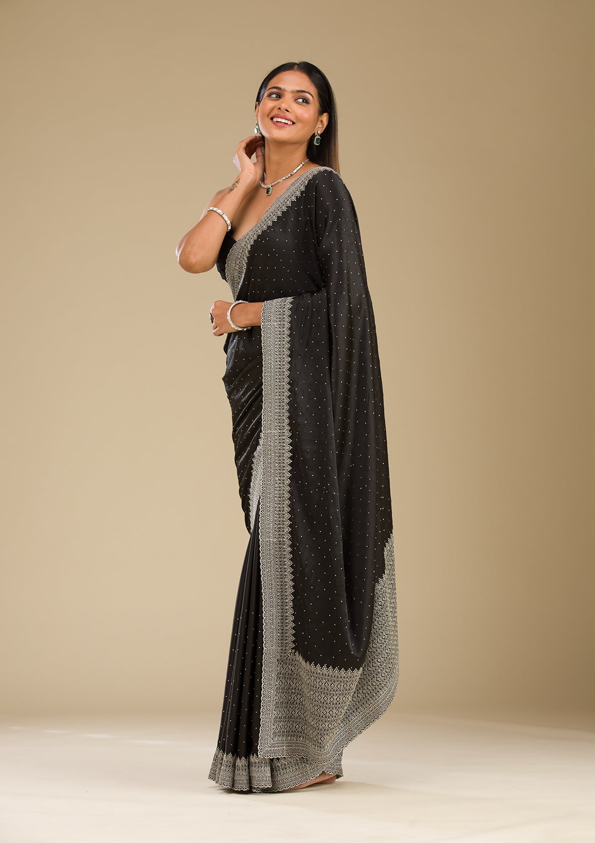 Black Stonework Satin Saree-Koskii