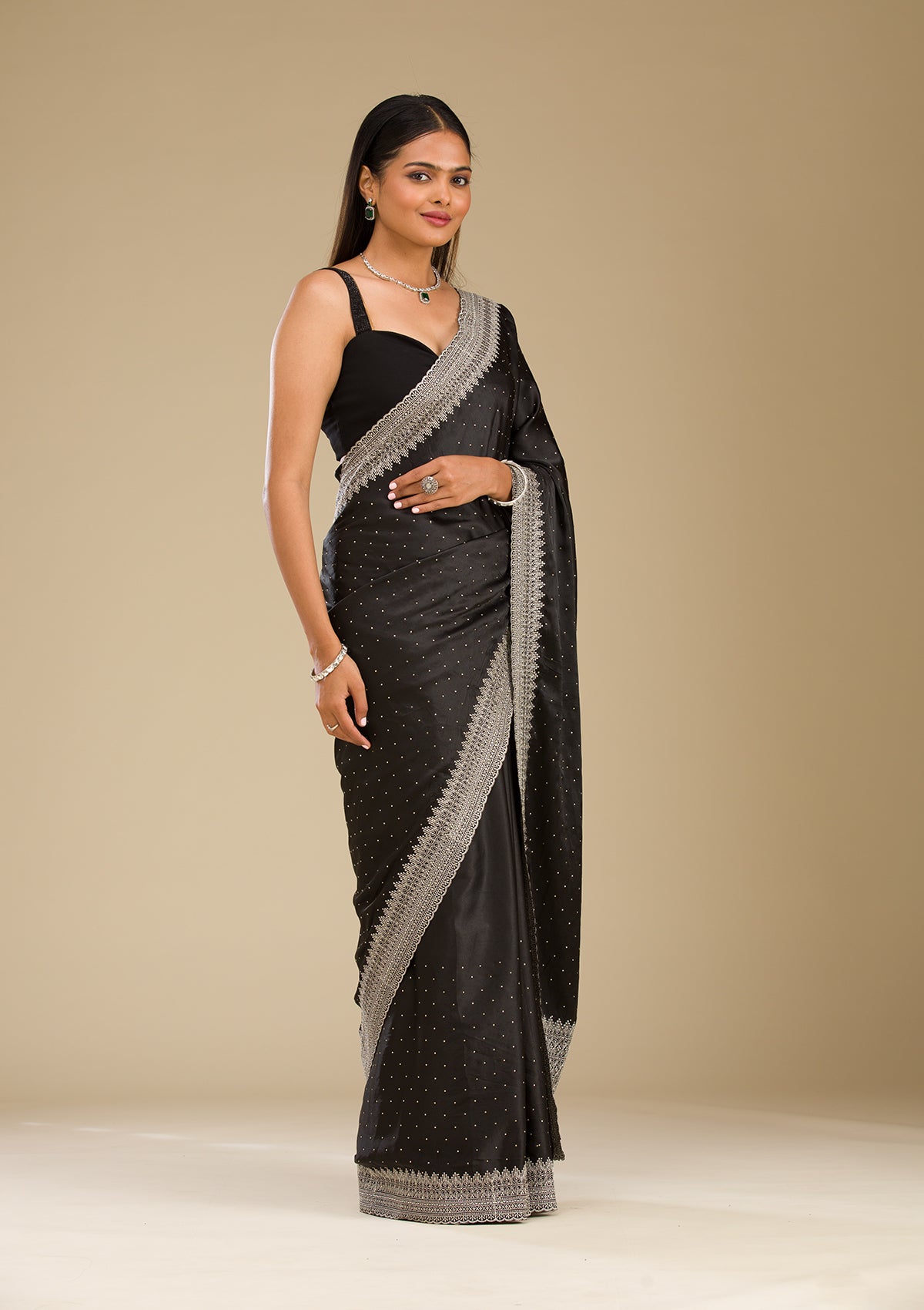 Black Stonework Satin Saree-Koskii